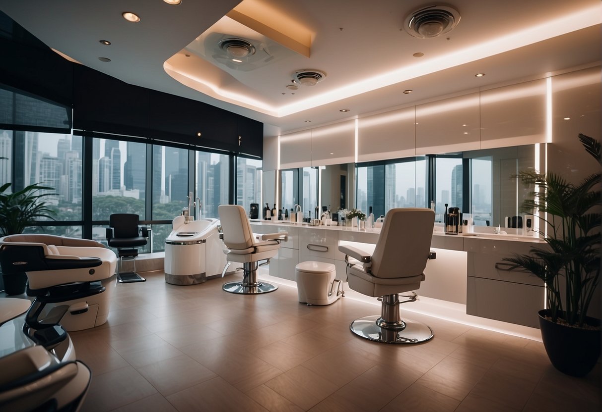 A modern beauty salon in Singapore promotes laser hair removal with sleek, futuristic equipment and luxurious decor