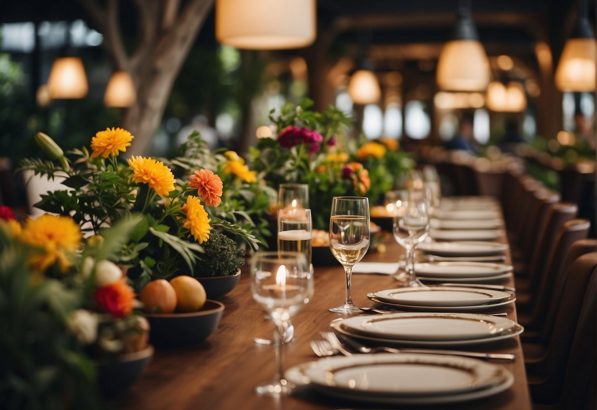 A bustling dining hall filled with elegant table settings and vibrant decor, showcasing the diverse culinary offerings of renowned venues in Singapore
