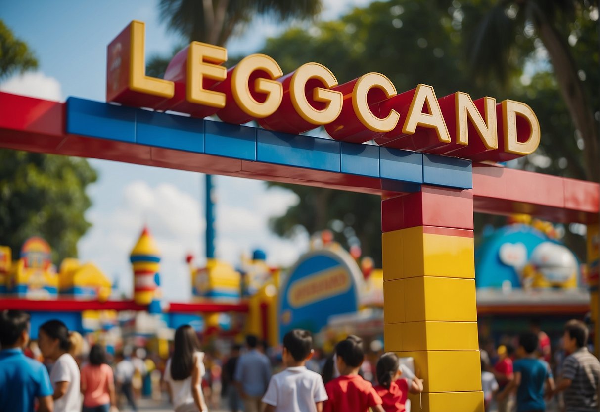 Colorful Legoland Malaysia sign with promotional banners. Families enjoying rides and attractions. Excited children holding Legoland merchandise