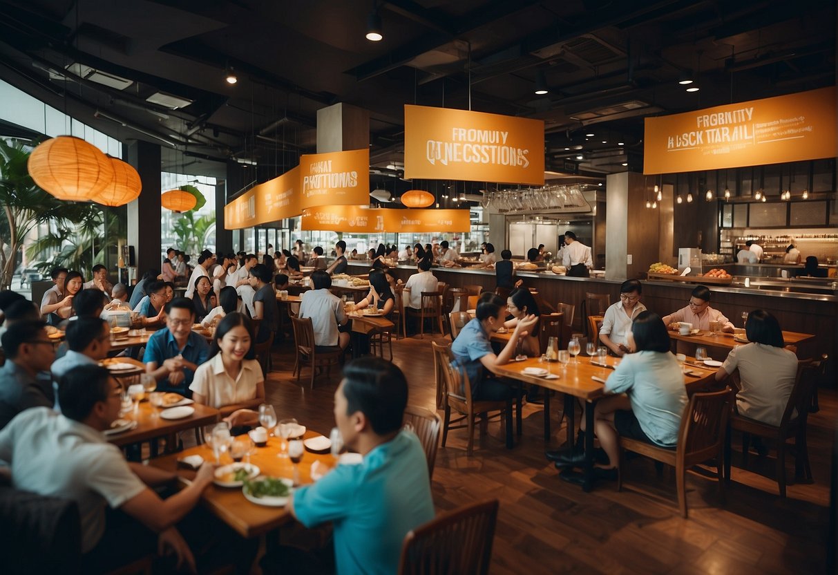 A bustling restaurant with colorful promotional banners, customers enjoying meals, and staff serving dishes with "Frequently Asked Questions dining promotions Singapore" displayed prominently