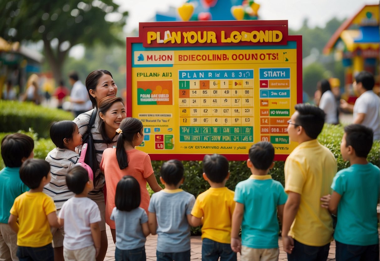 Families excitedly gather around a colorful sign displaying "Plan Your Visit: Dates and Discounts" at Legoland Malaysia, with promotional offers for visitors from Singapore