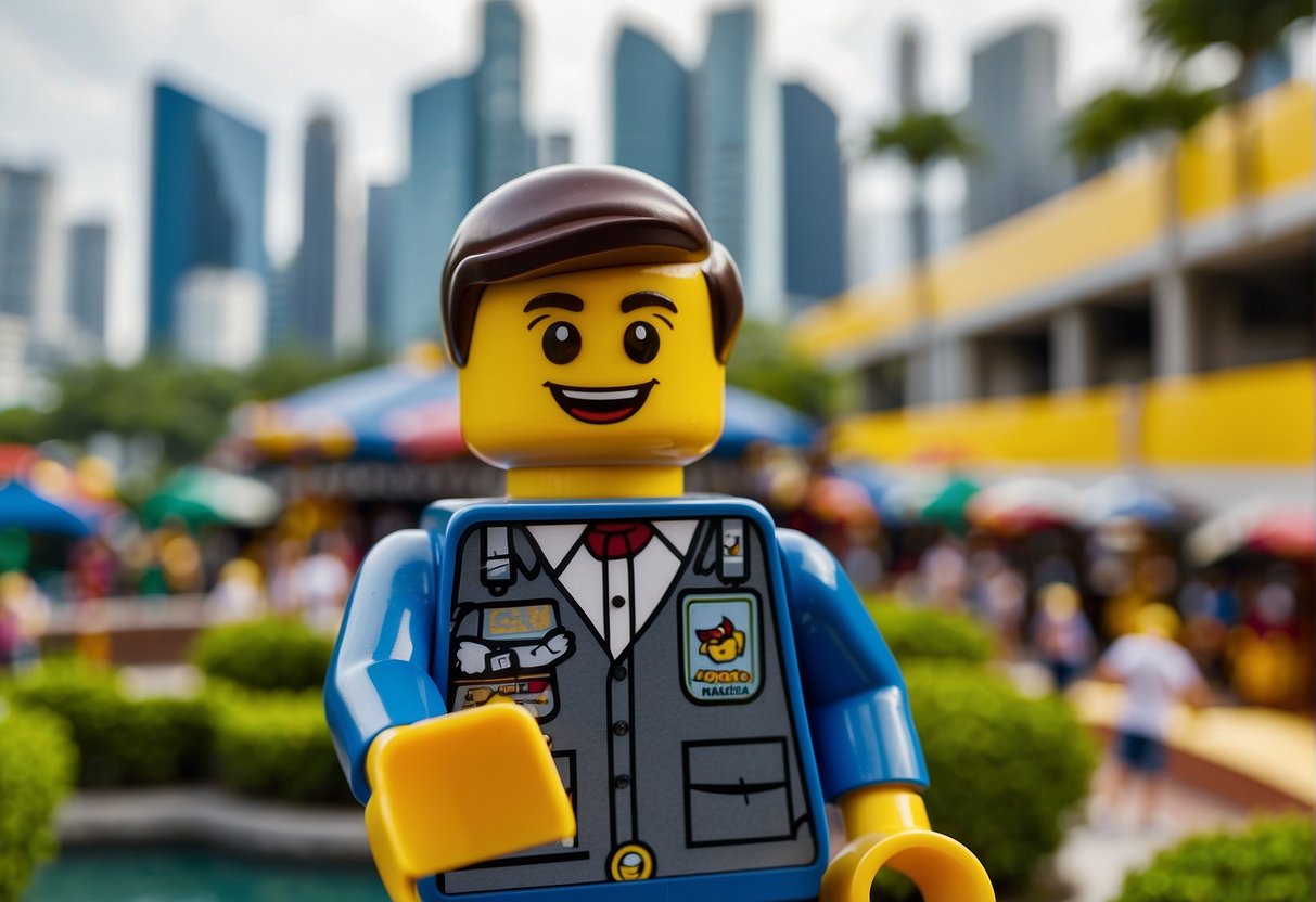A vibrant Legoland Malaysia sign stands out against the backdrop of bustling Singapore, drawing in visitors with enticing promotions