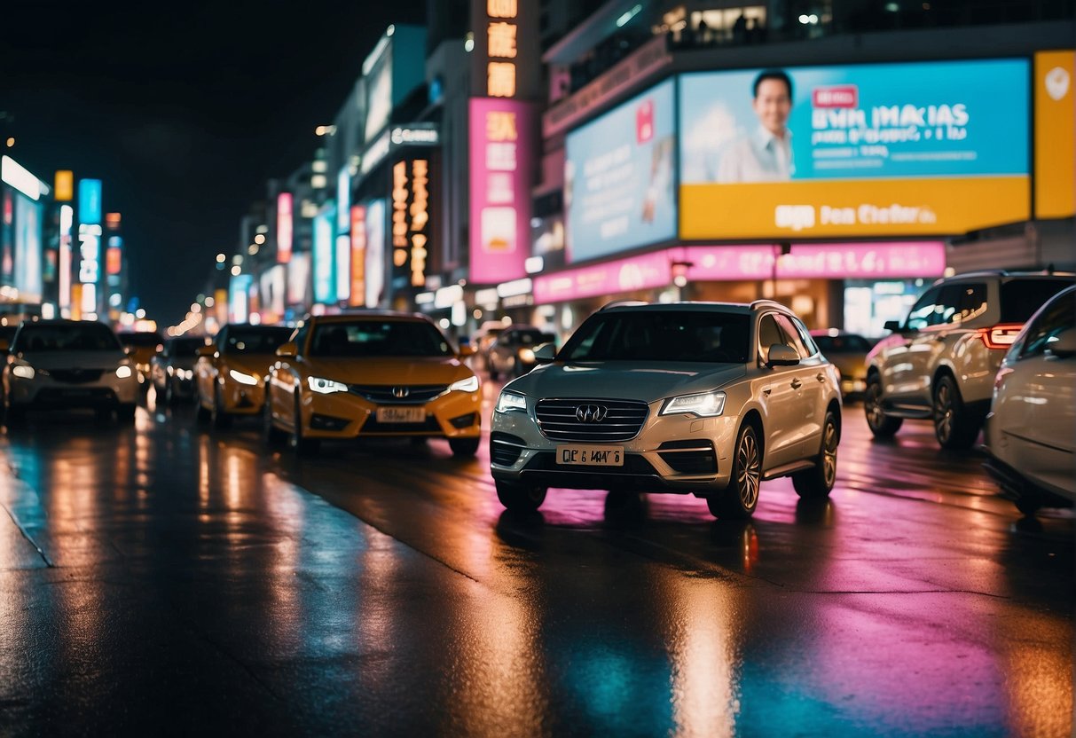 A bustling city street with colorful billboards and bright lights, showcasing various camera promotions in Singapore