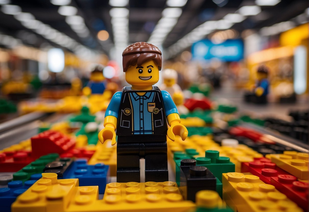 Colorful Lego sets displayed in a vibrant Singaporean store, with promotional signs and banners highlighting special offers