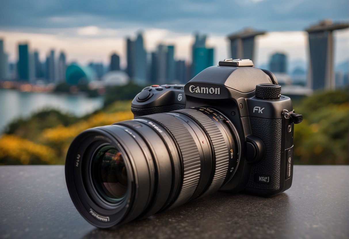 A sleek camera with "Exclusive 2024 Promotions" logo against a backdrop of iconic Singapore landmarks