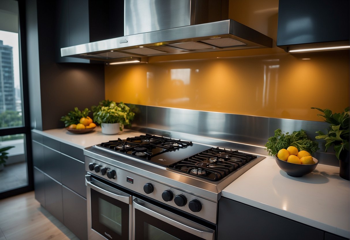 A sleek, stainless steel cooker hood hovers over a modern glass hob, both adorned with promotional banners in a bustling Singaporean kitchen showroom