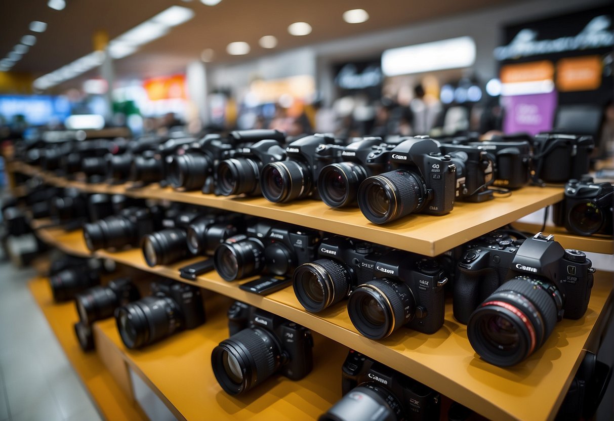 A colorful display of camera models with enticing price tags and "loyal customer" signage in a bustling Singapore electronics store
