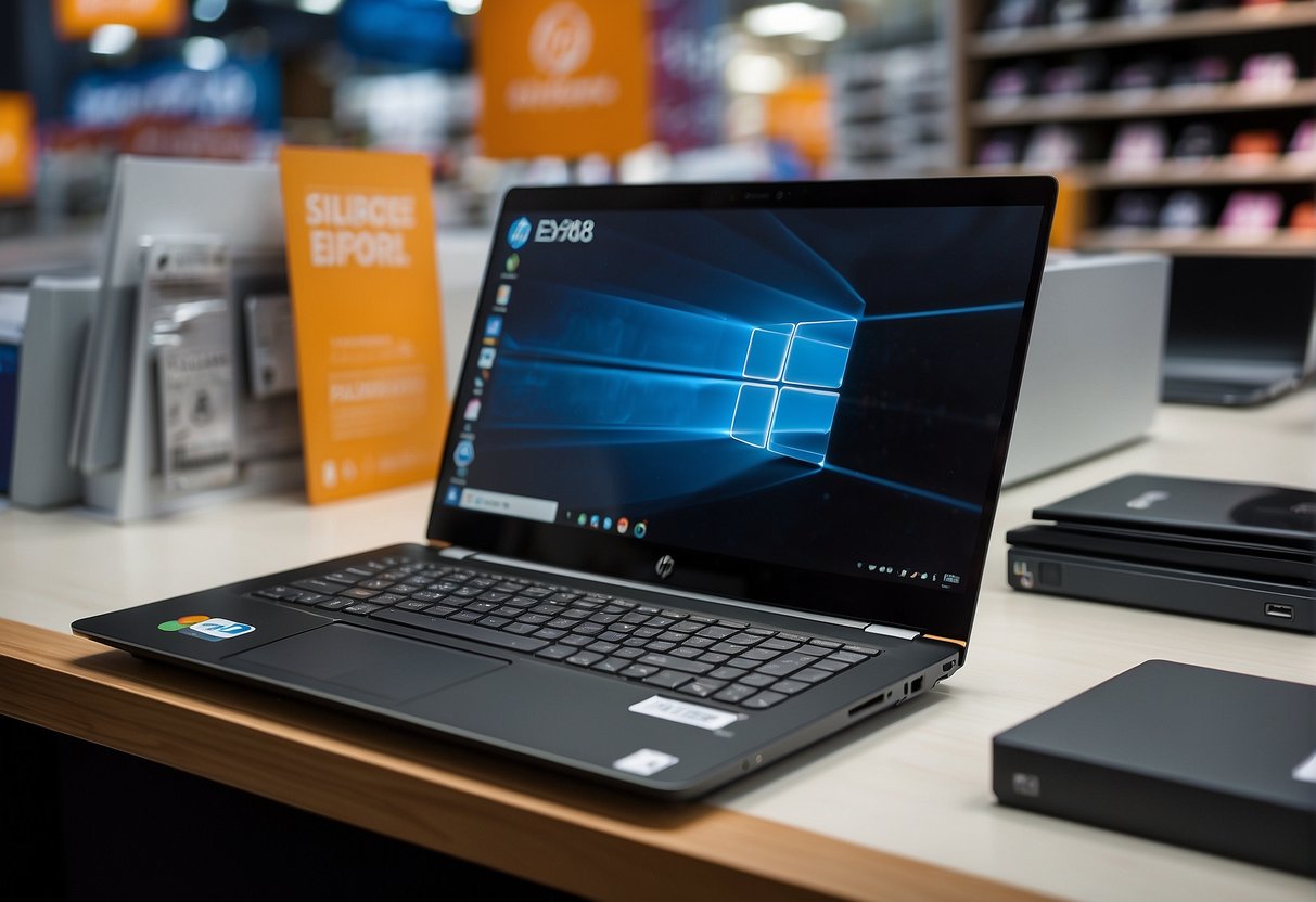 A sleek HP Pavilion laptop sits on a table surrounded by promotional materials in a bustling electronics store in Singapore