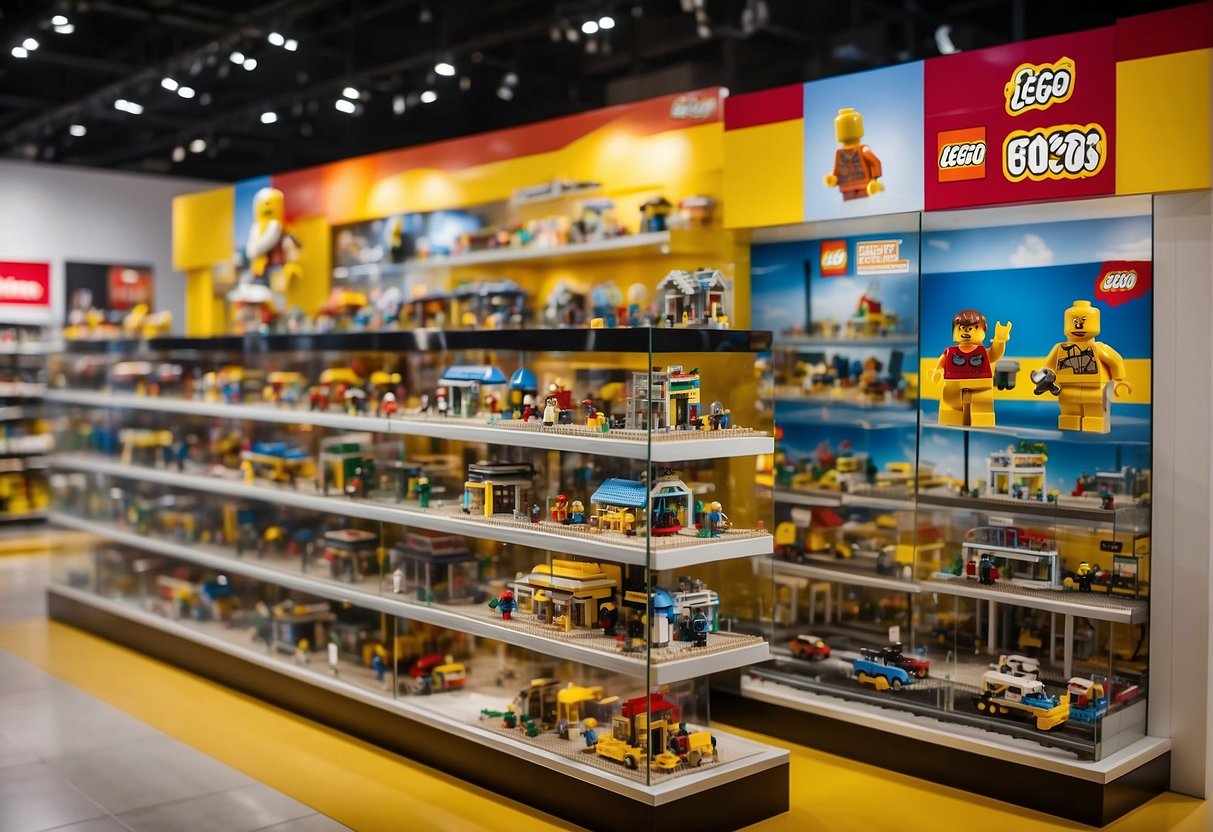A display of exclusive 2024 Lego promotions in a brightly lit Singapore store. Various Lego sets and promotional materials are arranged attractively on shelves and display tables