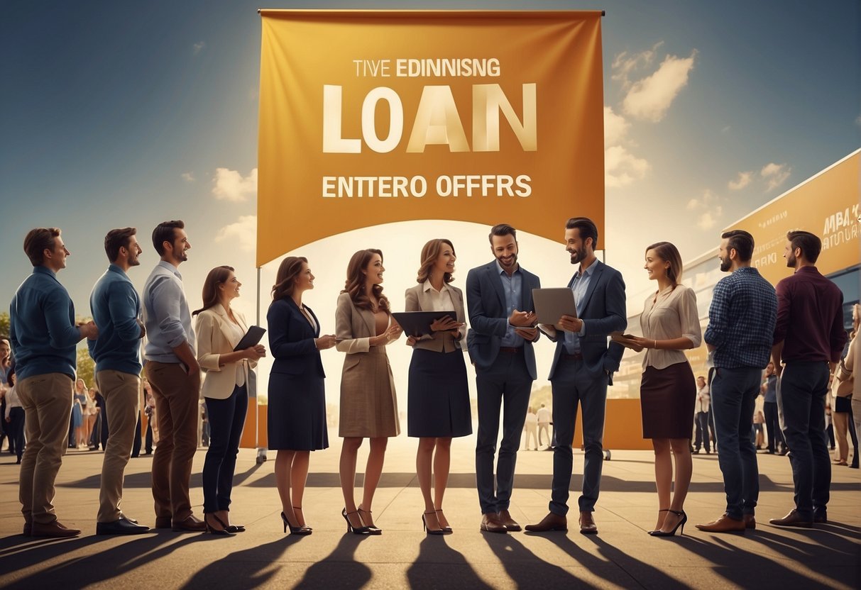 A crowd of people eagerly gather around a large promotional banner, excitedly reading the enticing loan offers displayed in bold, eye-catching text