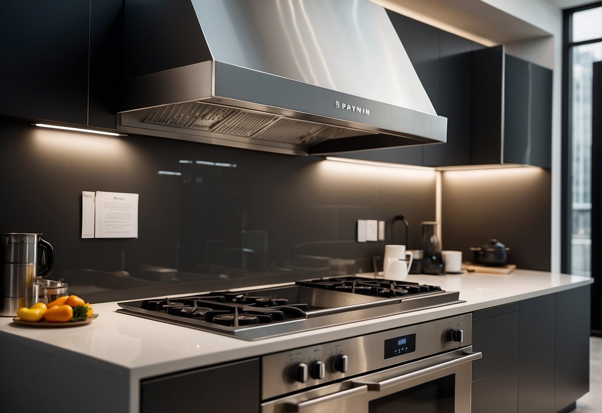 A sleek, modern cooker hood and hob displayed with promotional signs in a brightly lit showroom