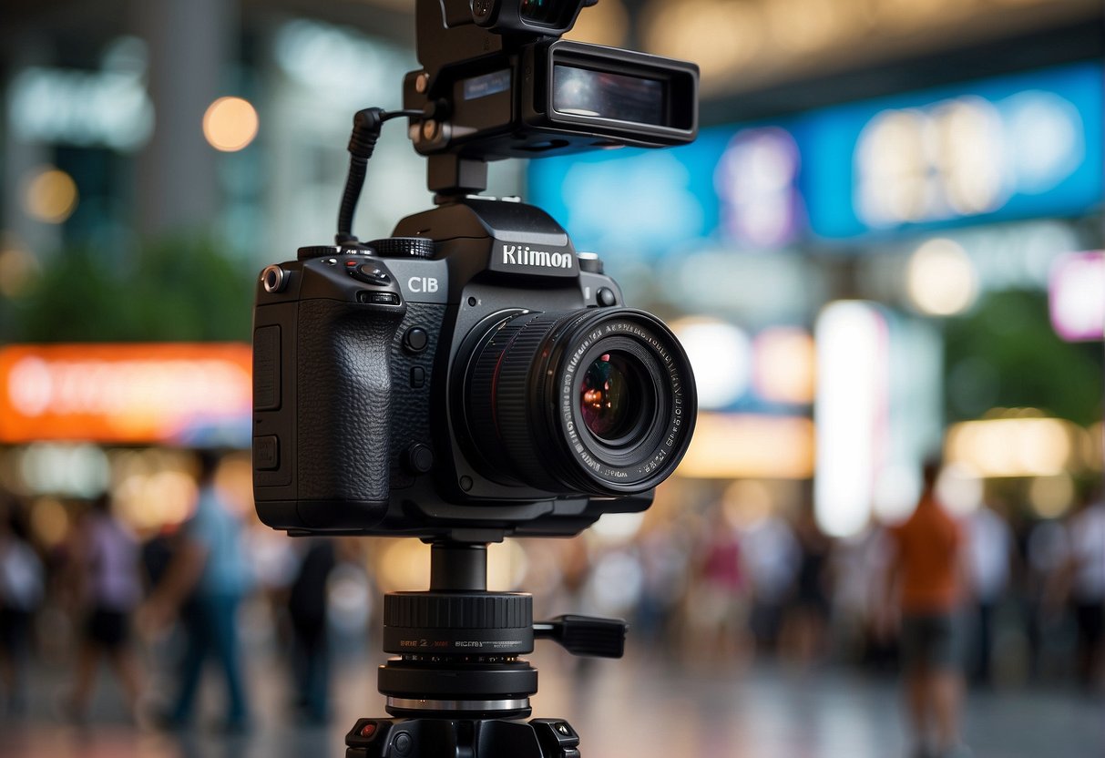 A camera surrounded by promotional banners and signs in Singapore