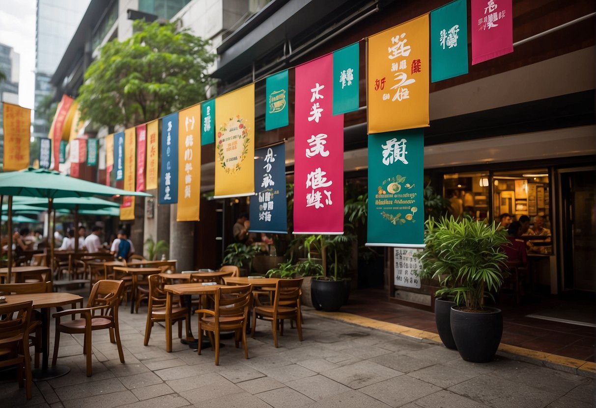 Colorful banners hang outside a bustling restaurant in Singapore, advertising lunch promotions. Tables are filled with delicious dishes and happy customers