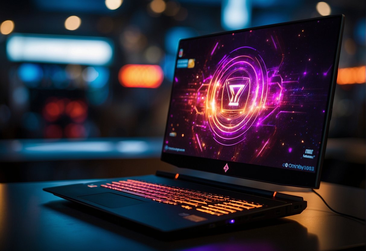 A sleek HP Omen gaming laptop sits on a desk, surrounded by promotional signs and deals. The screen glows with vibrant graphics, enticing gamers to take advantage of the Singapore promotions