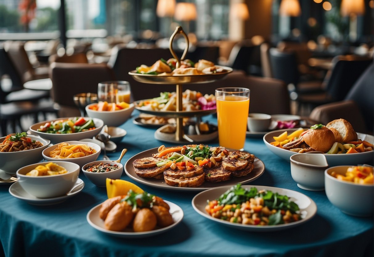 A table set with an array of colorful dishes and drinks, surrounded by vibrant decor and signage promoting exclusive lunch promotions in Singapore