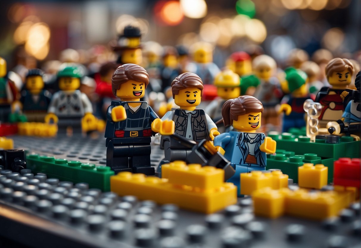 A table with various Lego sets on sale, surrounded by promotional signs and banners. A crowd of excited shoppers browsing and comparing prices