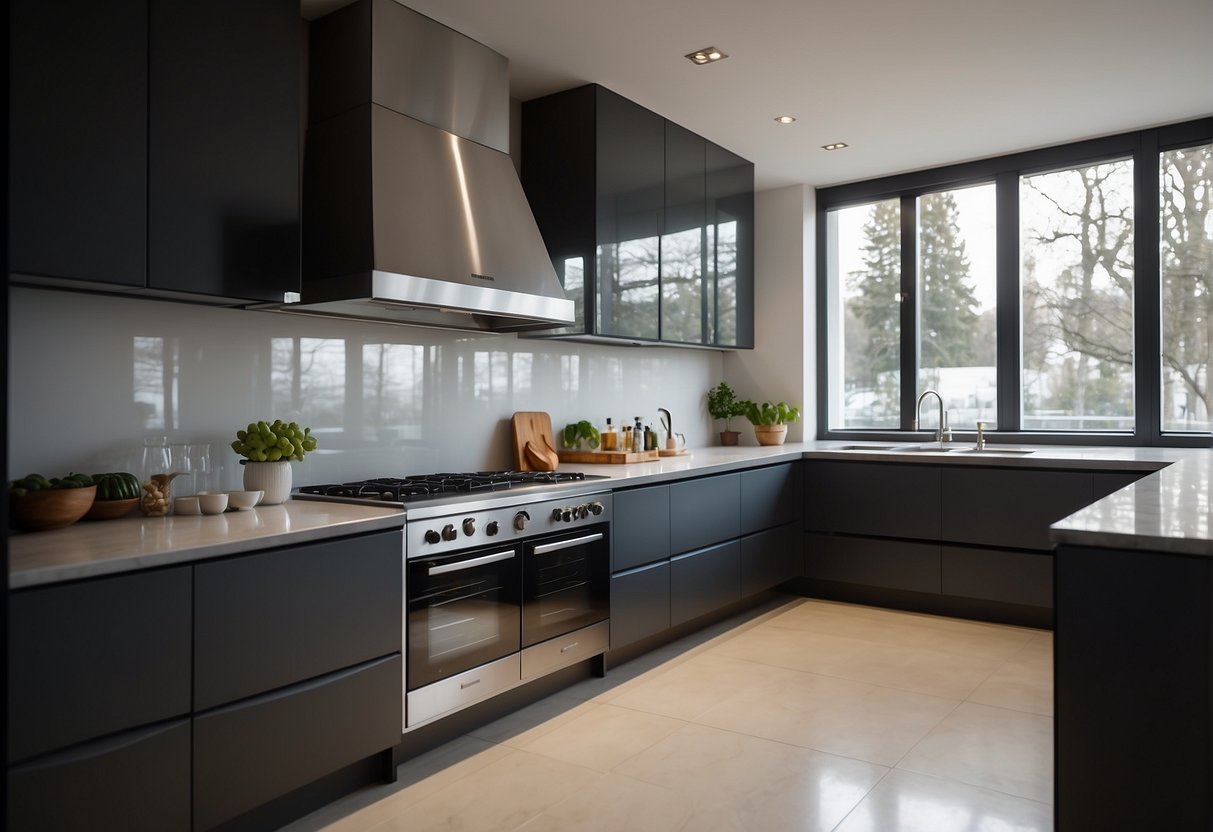 A sleek, modern kitchen with a stainless steel cooker hood and hob, illuminated by natural light from a nearby window
