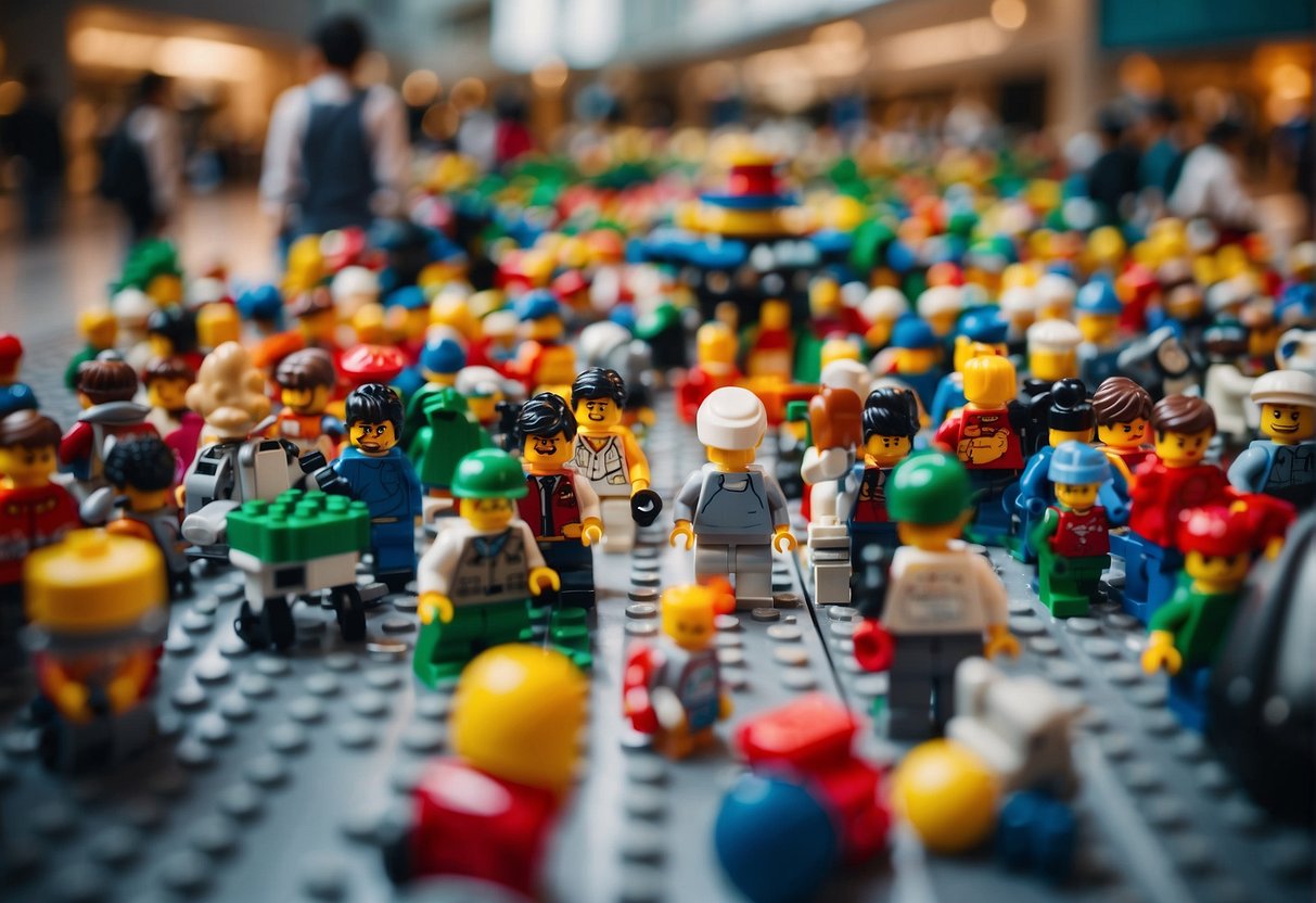A colorful display of Lego sets with "Frequently Asked Questions" signage in a bustling Singaporean mall