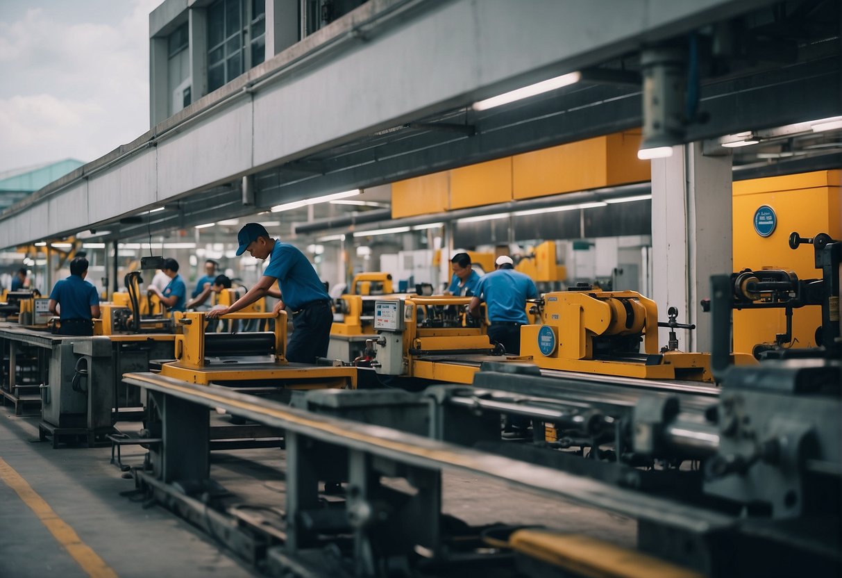 The factory in Singapore bustles with activity, as workers and machinery work together to produce goods. Bright promotional signs adorn the exterior, catching the attention of passersby