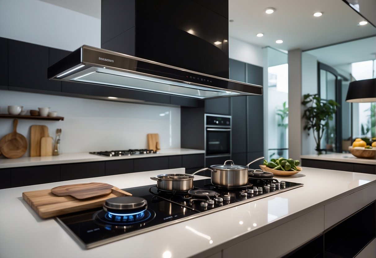 A sleek, modern cooker hood and hob set displayed with promotional signage in a brightly lit Singaporean kitchen showroom