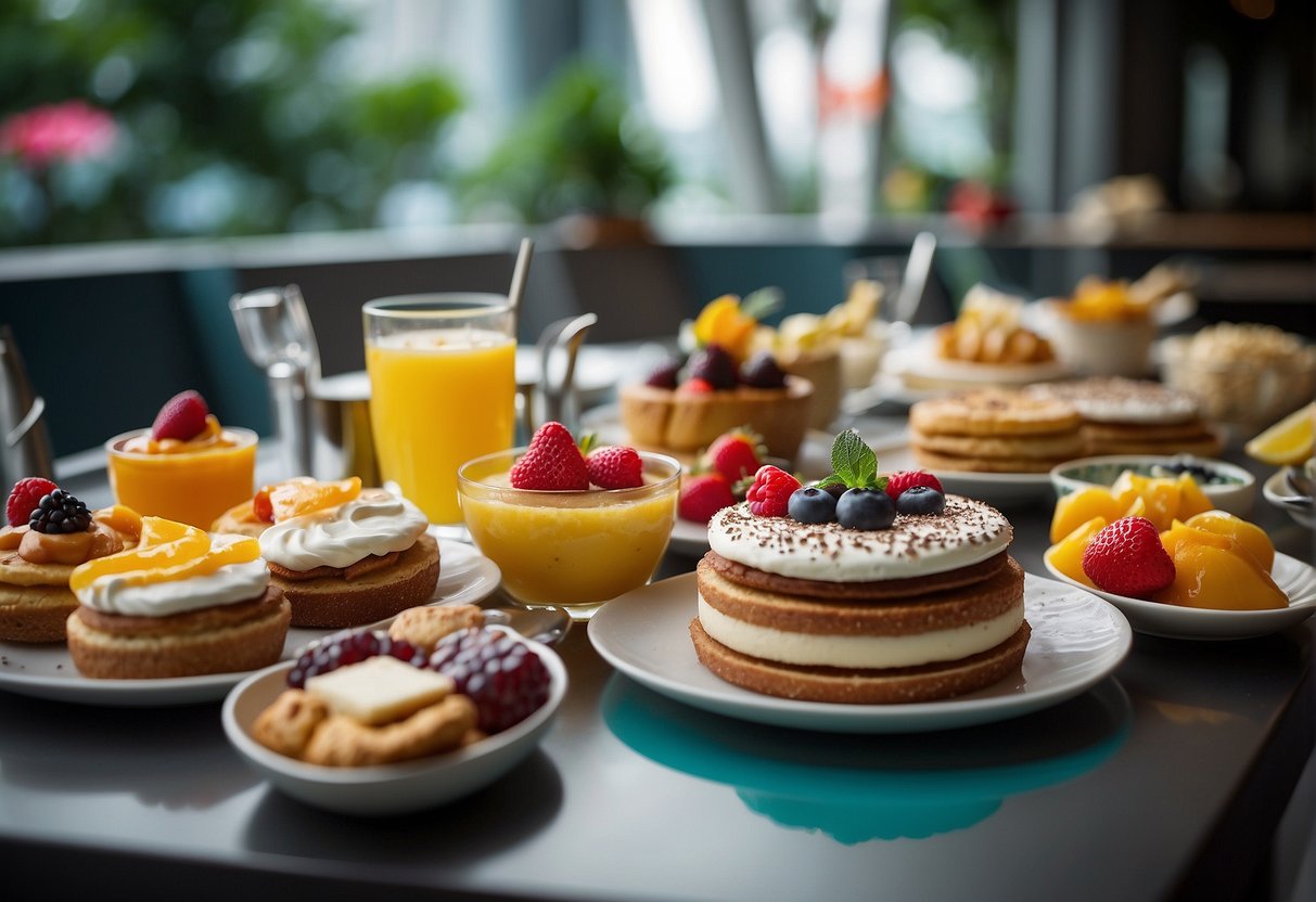 A table set with a variety of delectable desserts and beverages, surrounded by colorful decorations and signage promoting lunch promotions in Singapore