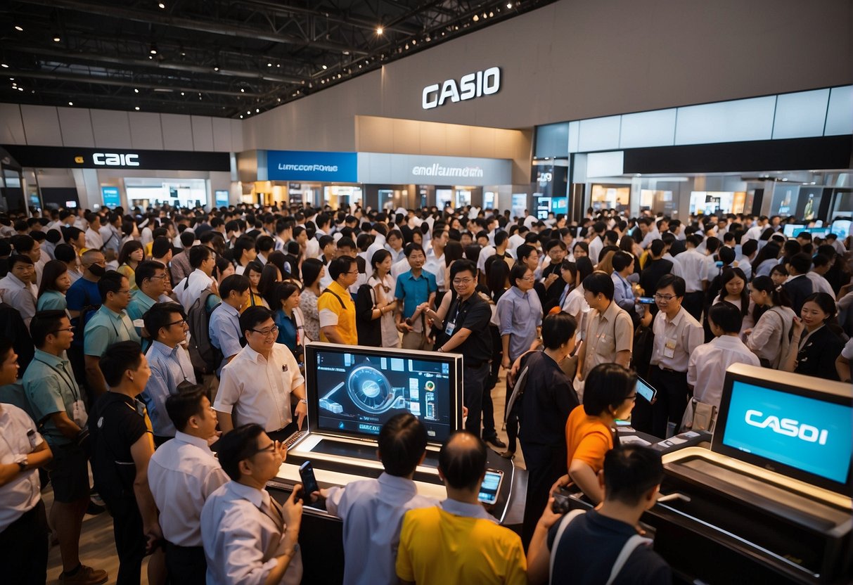 A bustling Casio Premium Events g factory promotions in Singapore. Displays of sleek watches and electronic gadgets. Excited crowds gathering around interactive demos and promotional booths