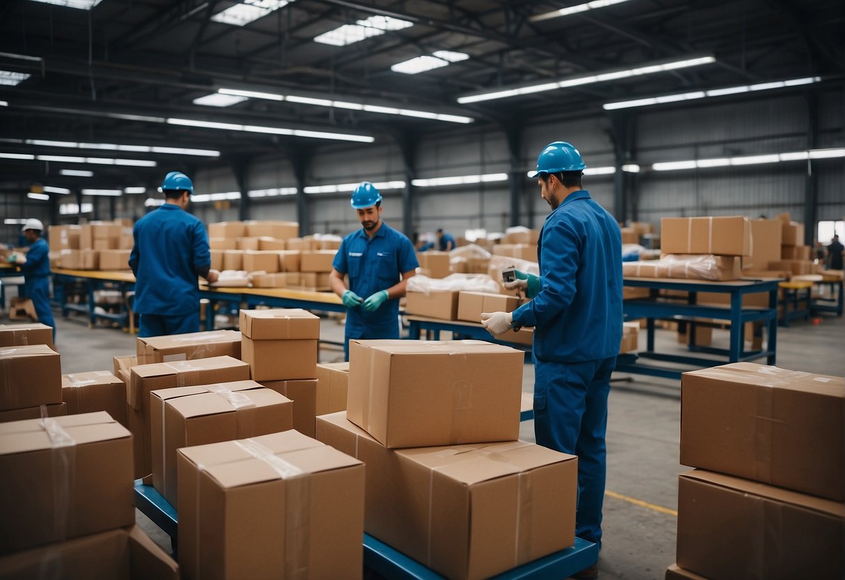 A bustling factory with workers packaging products, banners promoting promotions, and customers browsing