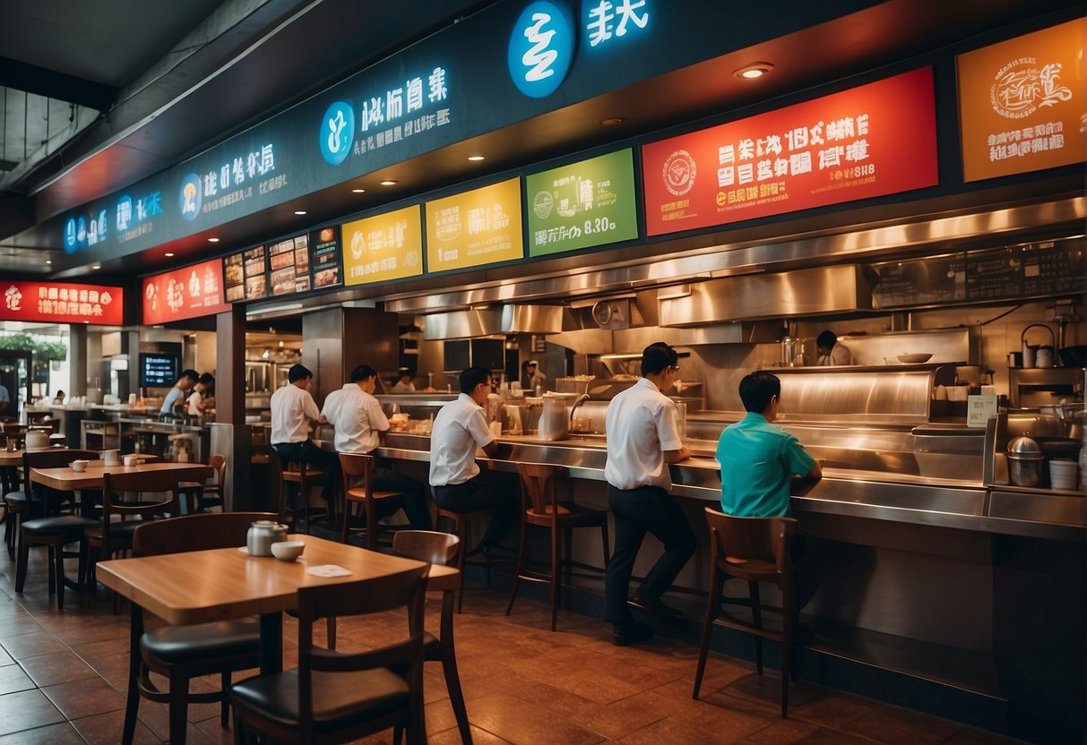 A bustling restaurant with colorful promotional banners and a display of lunch specials in Singapore