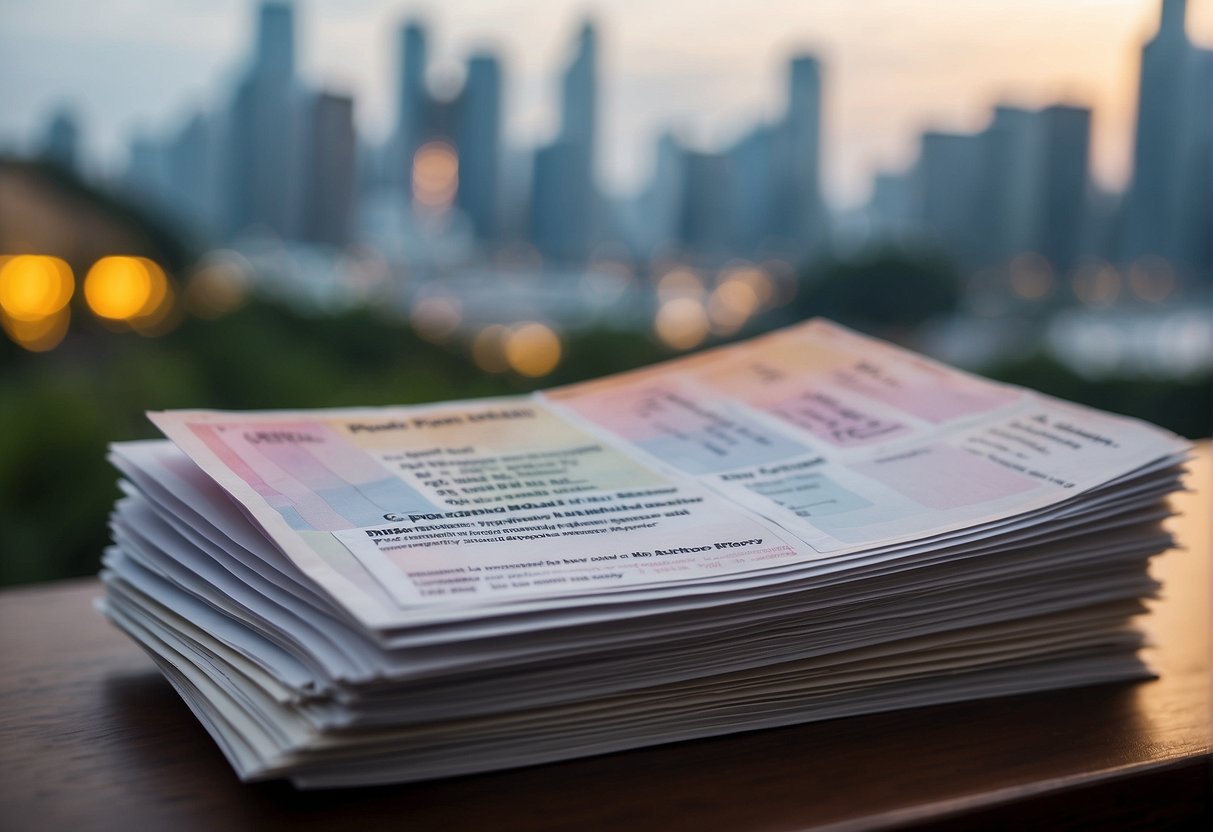 A stack of loan promotion pamphlets with "Frequently Asked Questions" prominently displayed, set against a backdrop of Singaporean landmarks