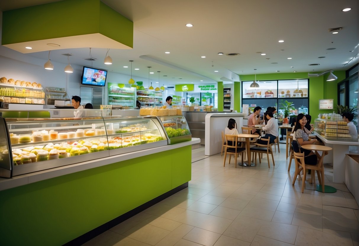 Brightly lit llaollao yogurt shop in Singapore with vibrant promotional displays and happy customers enjoying their delicious treats