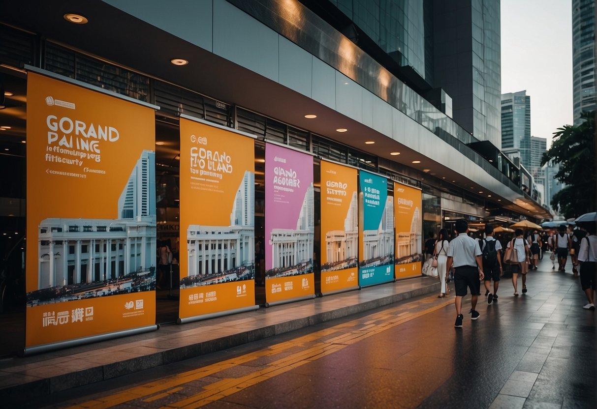A bustling city street in Singapore with colorful promotional banners for Giordano clothing lining the sidewalks