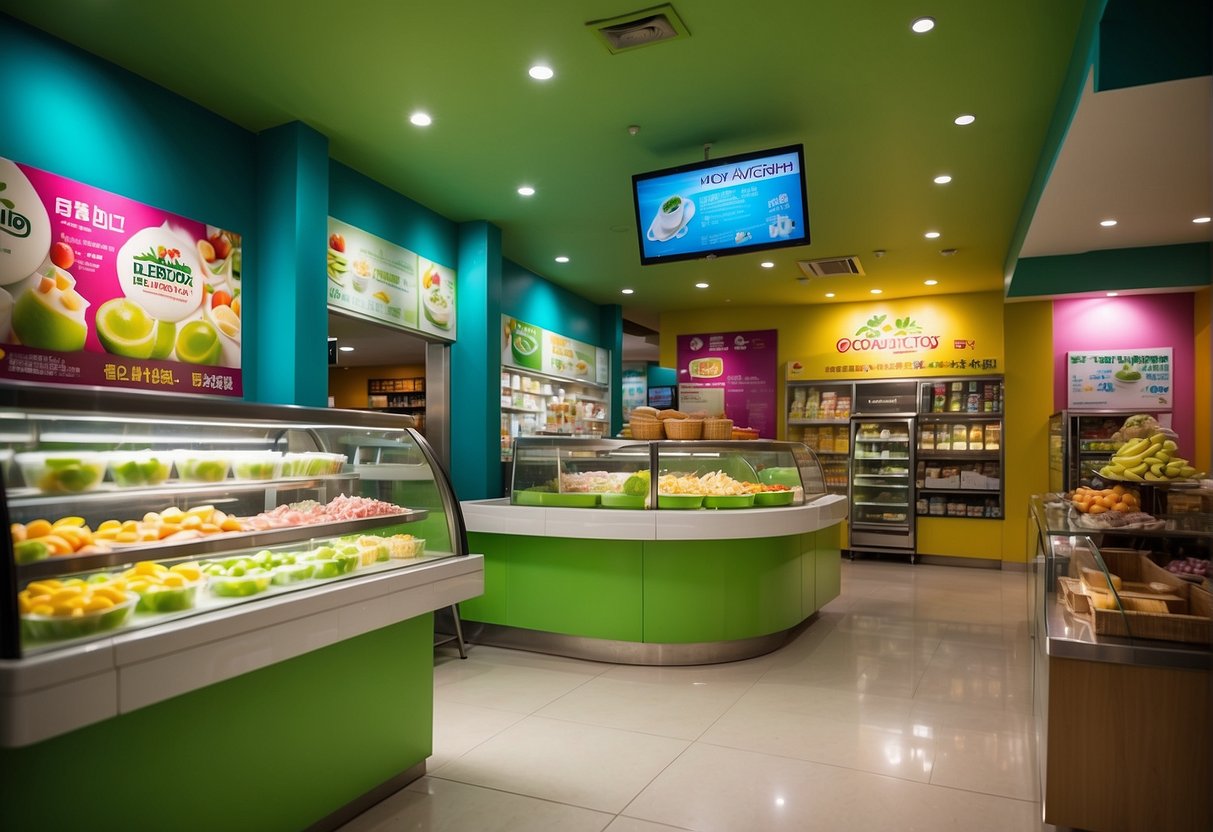A vibrant llaollao yogurt shop with colorful promotions displayed on the walls and counters in Singapore