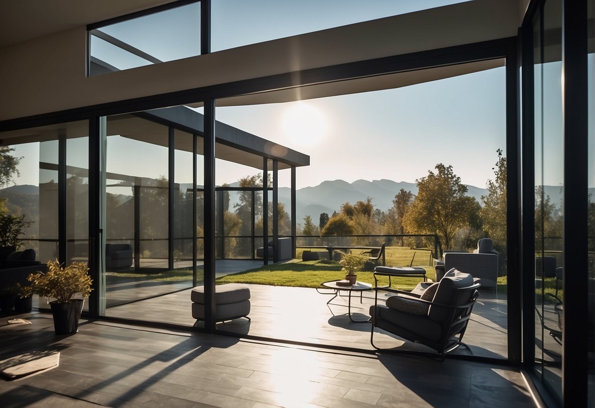 A modern home with sleek, tinted windows reflecting the sunlight, showcasing the benefits of advanced window tinting
