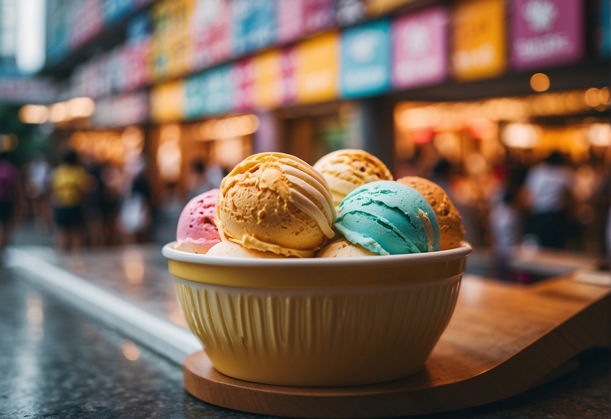 A colorful Geláre ice cream shop with vibrant signage and happy customers enjoying promotions in Singapore
