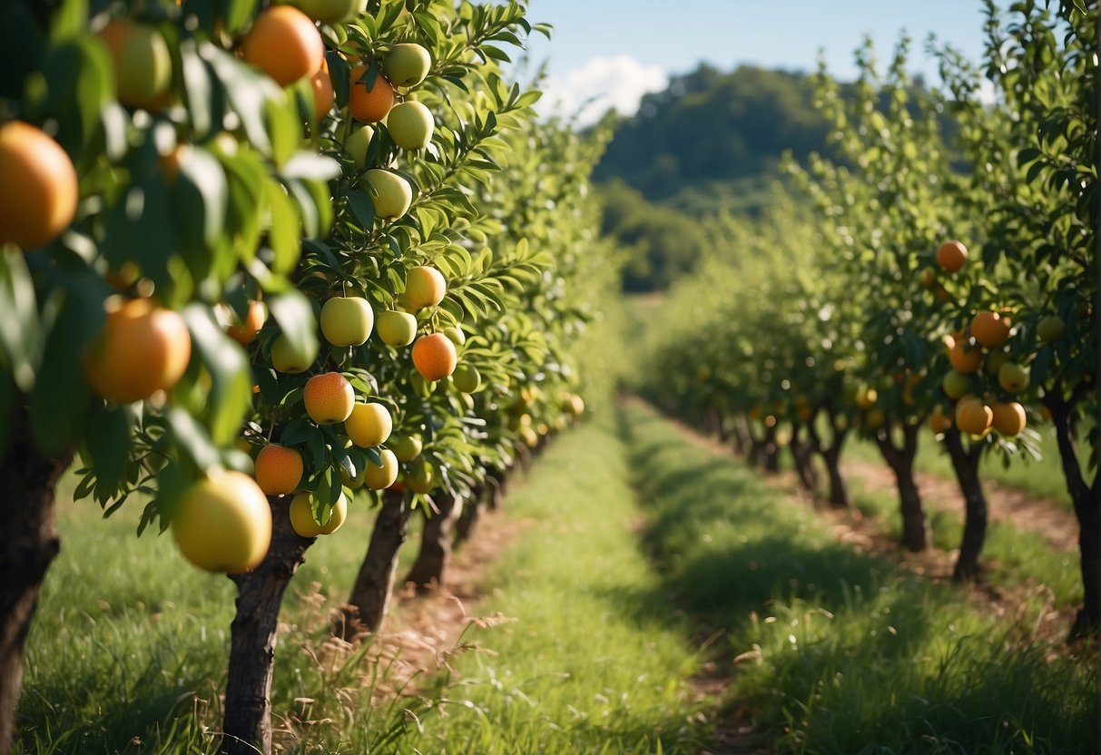 Lush green orchard with vibrant fruit, promotional banners, and a clear blue sky