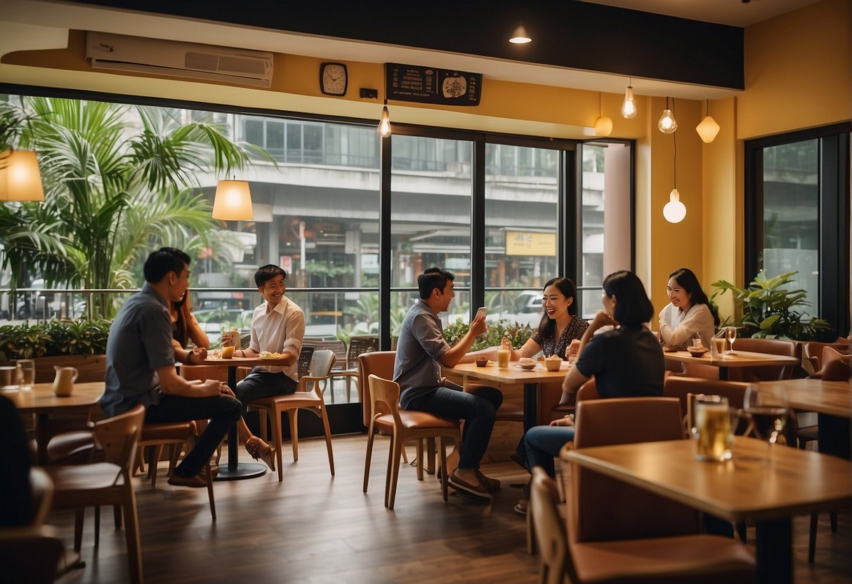 Customers enjoying Geláre promotions in a vibrant, bustling Singapore café. Tables filled with delicious treats and happy faces