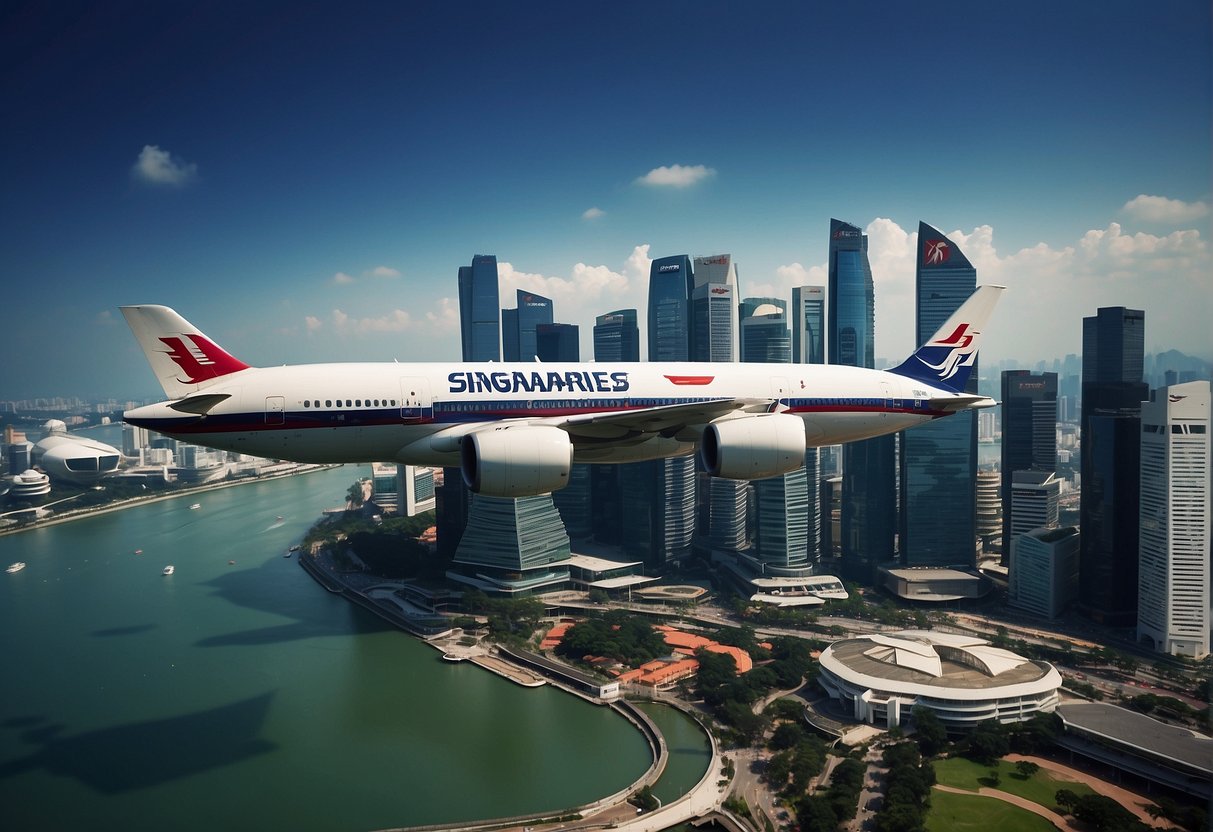 A vibrant airplane flying over the iconic skyline of Singapore, with the Malaysia Airlines logo prominently displayed, showcasing their latest promotions