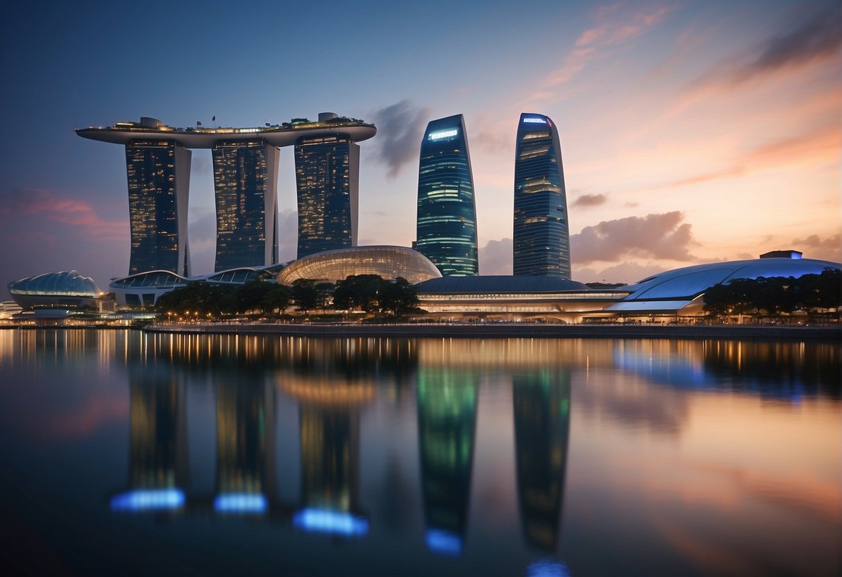 Vibrant cityscape with iconic Singapore landmarks, bustling streets, and colorful promotional signs