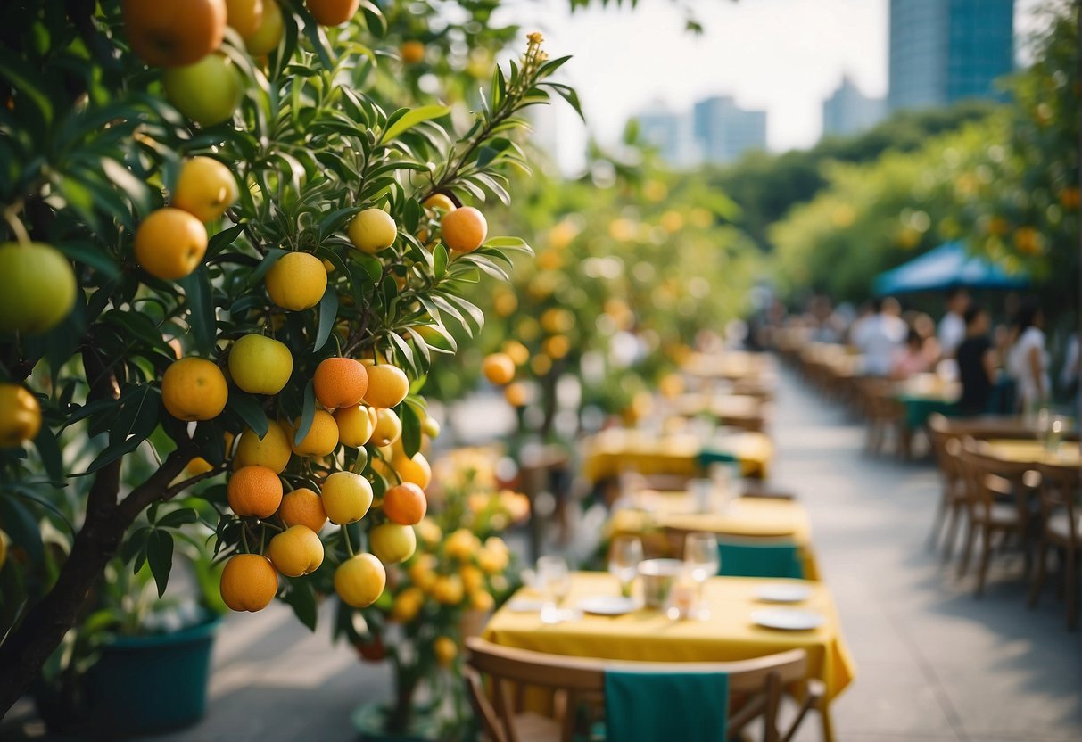 The orchard is alive with vibrant colors as tables are set for a Spring Dining Extravaganza. Flowers bloom, fruits glisten, and the sun shines down on the festive atmosphere in Singapore