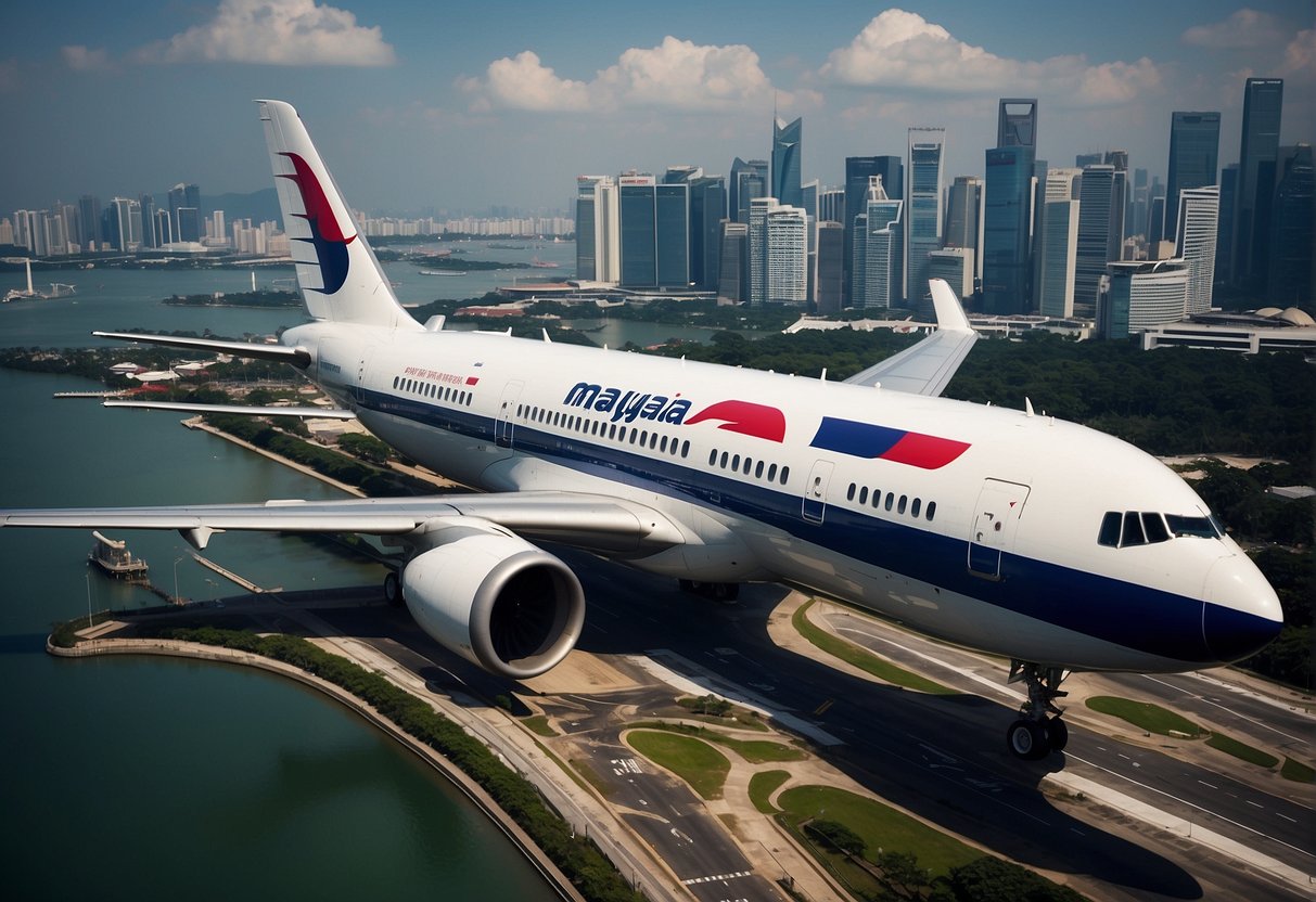 A Malaysia Airlines plane flying over the iconic skyline of Singapore, with the airline's latest flight promotions displayed prominently on the aircraft