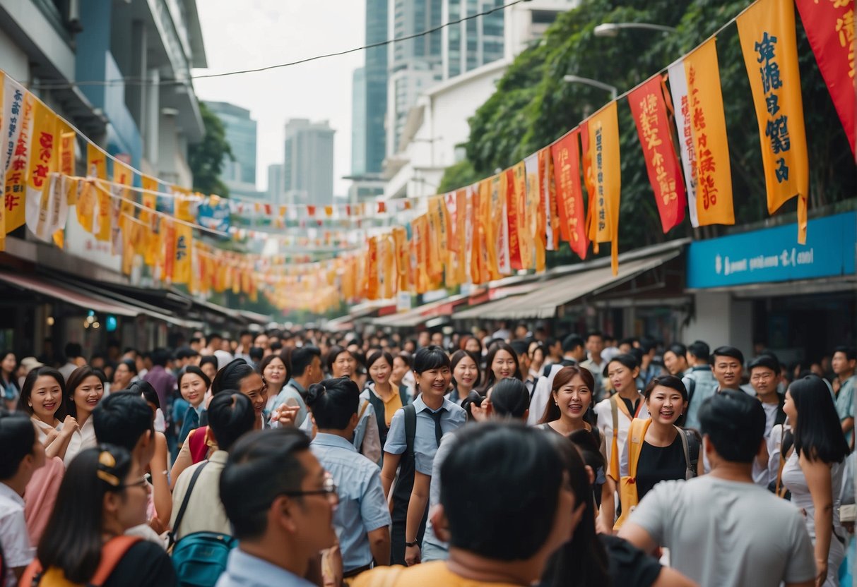A bustling city street with colorful banners and lively crowds, showcasing the vibrant energy of Great Eastern Promotions in Singapore