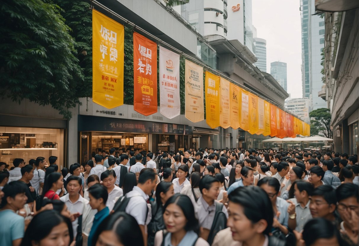 A crowded street with colorful banners and signs promoting end of season discounts at Giordano in Singapore