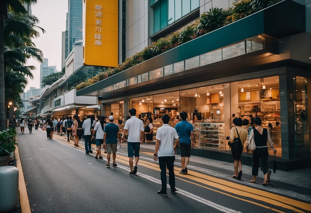 A bustling city street with vibrant storefronts showcasing the latest fashion and electronic promotions for 11 11 in Singapore