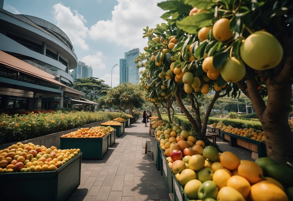 A lush orchard with vibrant fruit trees, signs advertising exclusive gourmet deals, and a bustling atmosphere in Singapore