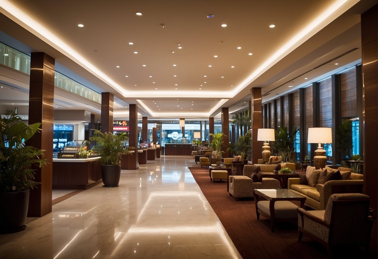 A vibrant hotel lobby with a prominent display of "Hotel Deals and Discounts" signs, alongside promotional materials for Malaysia Airlines and Singapore