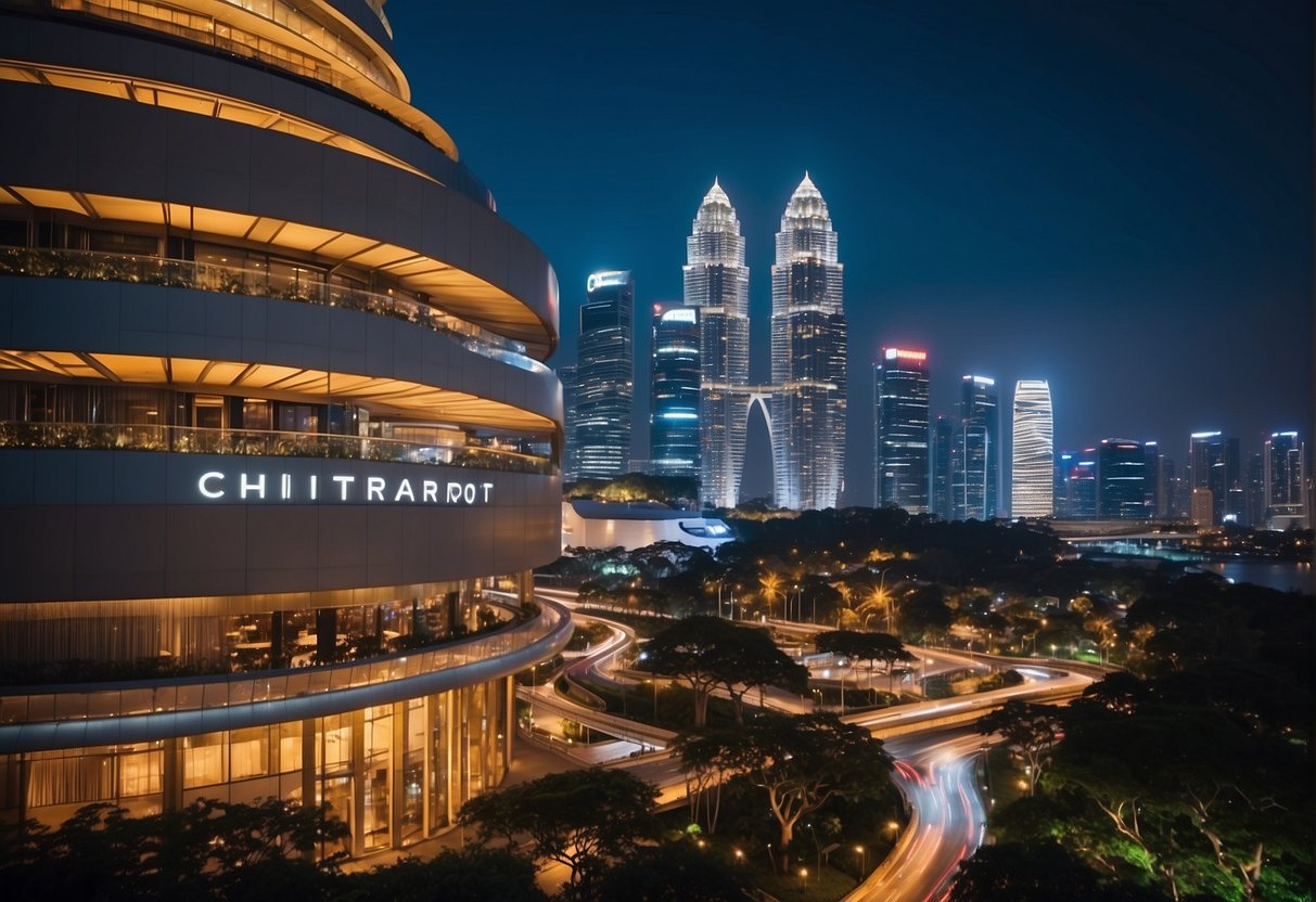 A bustling Singapore cityscape with a prominent Marriott hotel, surrounded by vibrant lights and promotional banners