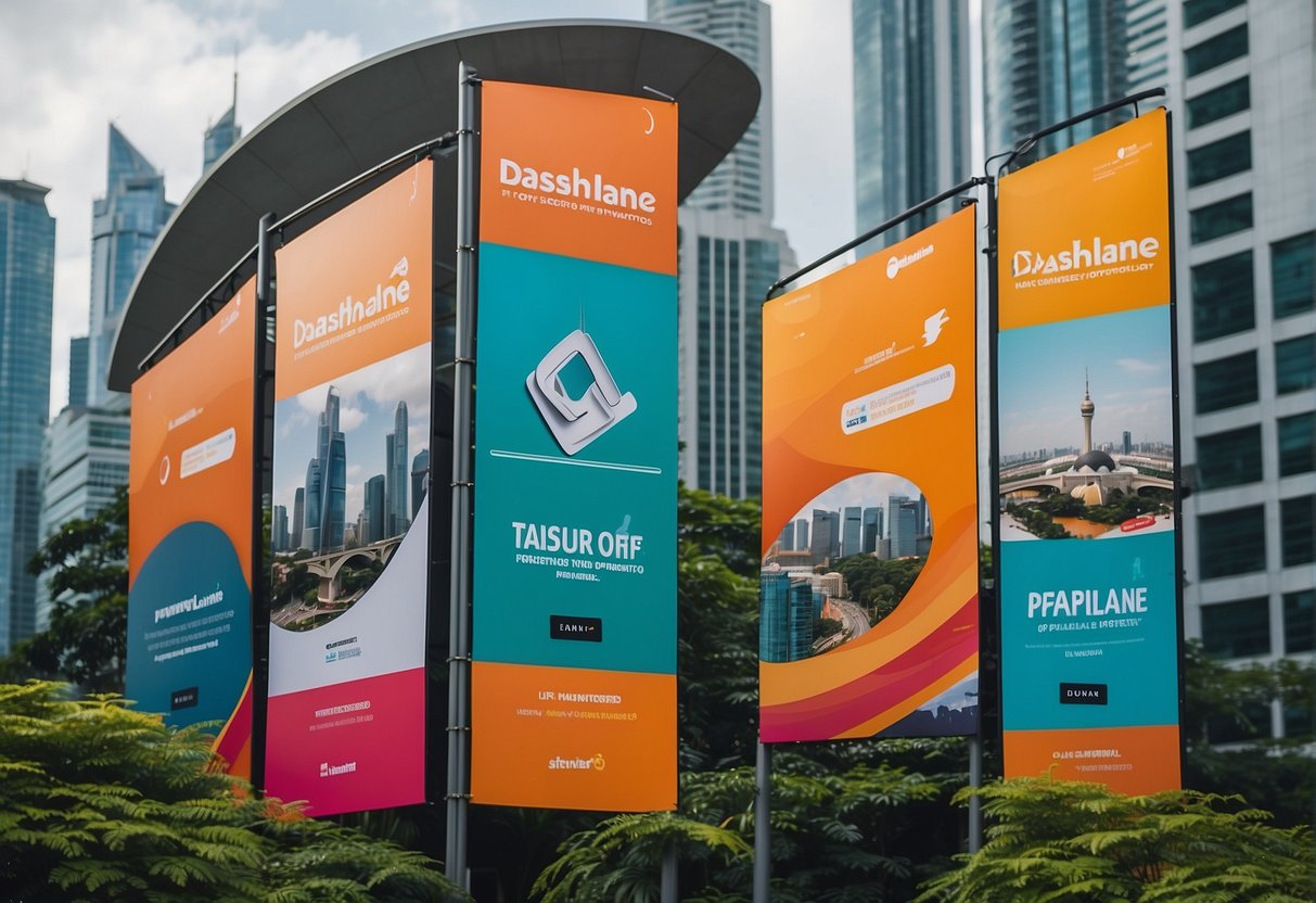 Colorful banners and posters advertising Dashlane promotions in Singapore, with iconic landmarks in the background