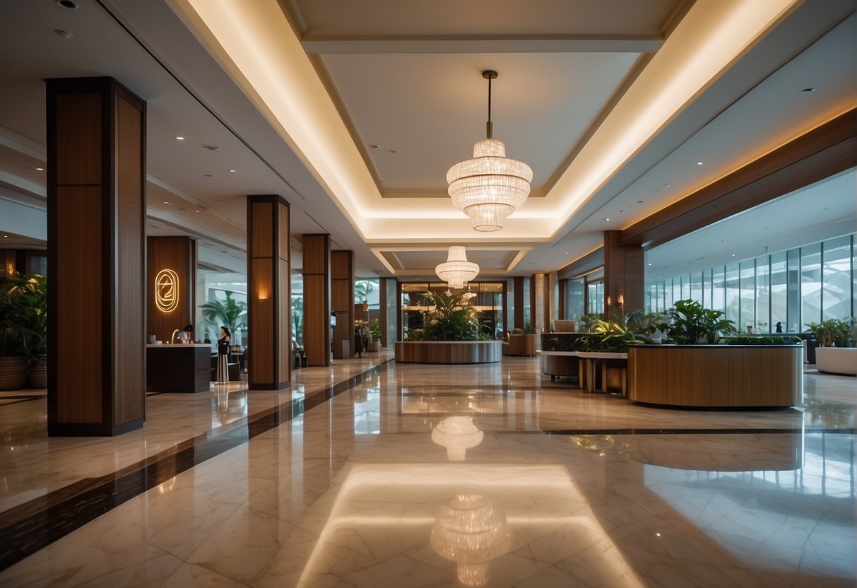 A luxurious hotel lobby with a prominent display of "Marriott Bonvoy Promotions" signage in Singapore. Elegant decor and a welcoming atmosphere