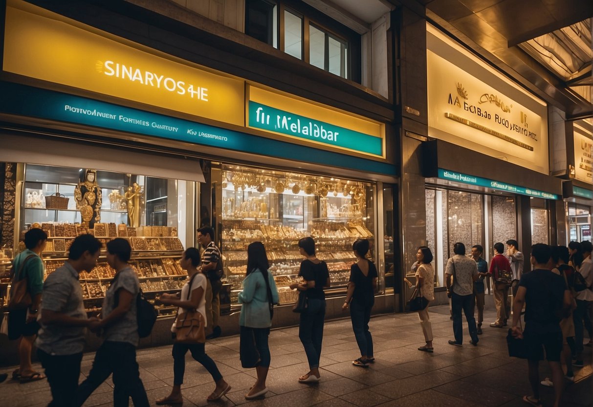 A bustling Singapore street with vibrant Malabar Gold promotions displayed in shop windows, attracting passersby with sparkling jewelry and enticing offers
