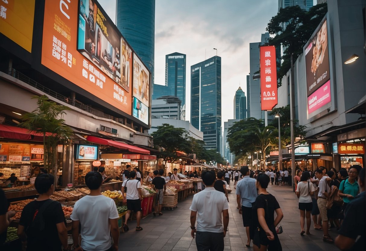 A bustling city street filled with vibrant signs and banners advertising exciting lifestyle deals and promotions for 11.11 in Singapore